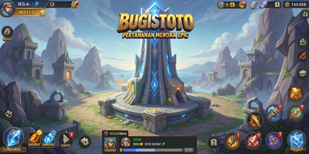 Tampilan gameplay menara dan strategi bertahan di BUGISTOTO.