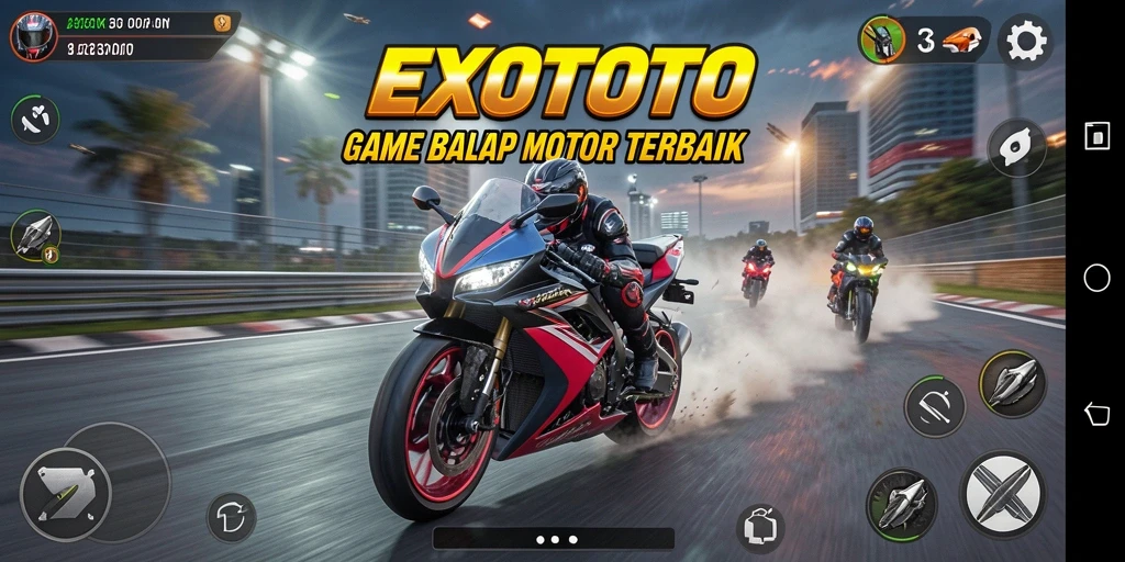 Tampilan gameplay seru dengan berbagai motor dan trek balapan menarik.