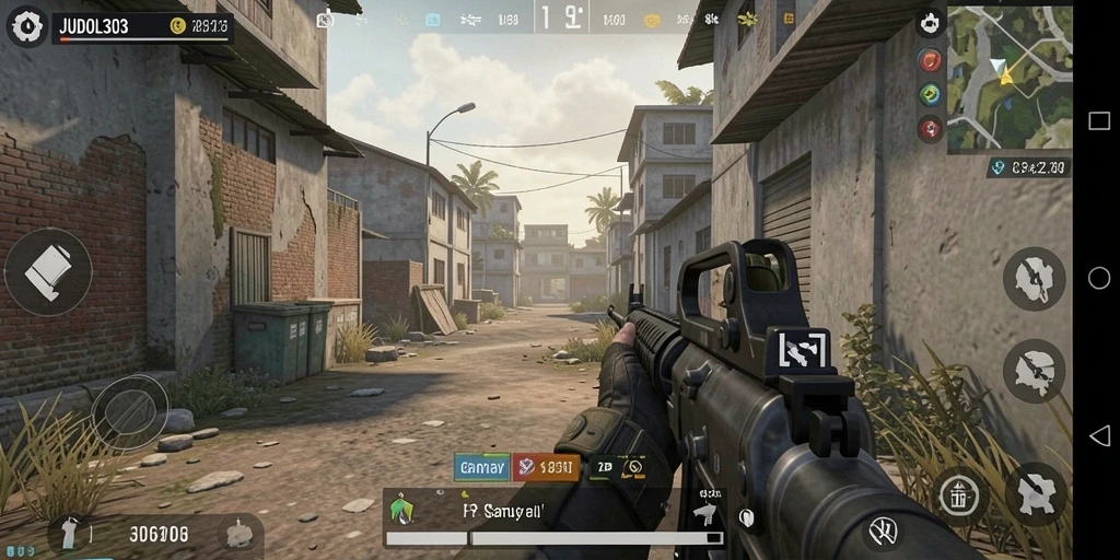 Screenshot utama JUDOL303 menampilkan aksi gameplay FPS yang intens.