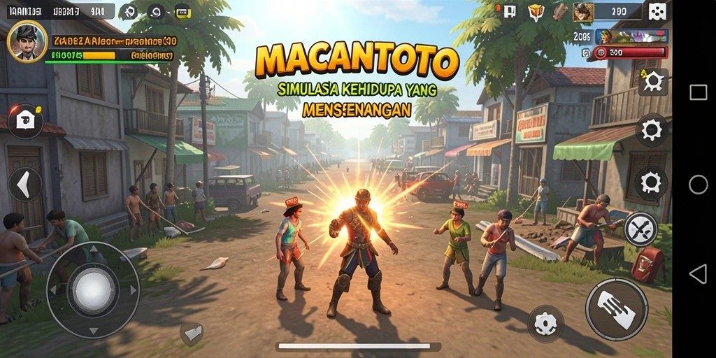 Screenshot gameplay MACANTOTO yang menunjukkan berbagai aktivitas simulasi.