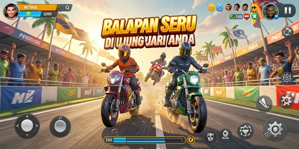 Tampilan gameplay MT966 menunjukkan mobil balap yang bergerak cepat di trek yang menantang.
