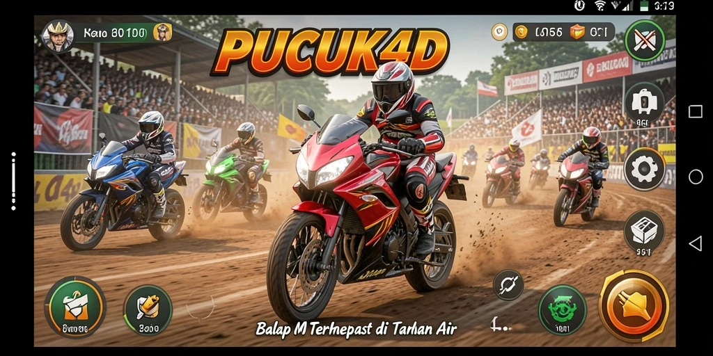 Tampilan gameplay seru dalam <strong>PUCUK4D</strong>, balapan motor cepat penuh aksi.