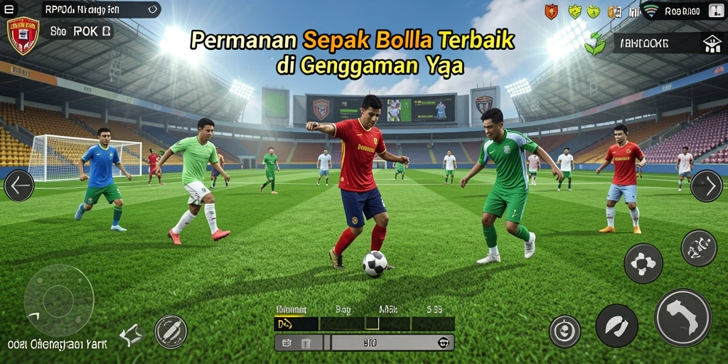 Tampilan gameplay RPOK dengan aksi sepak bola seru di lapangan.