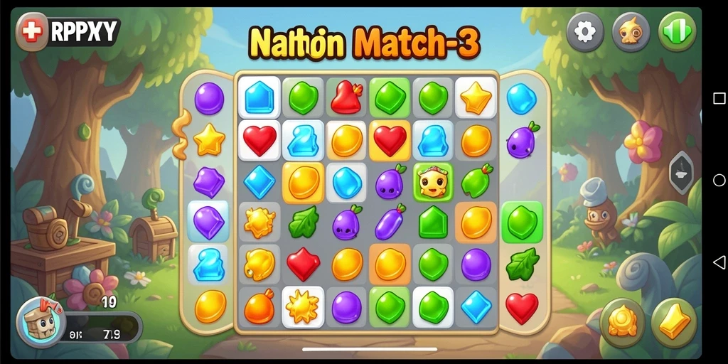 Tampilan gameplay Match-3 yang menarik dan penuh warna.