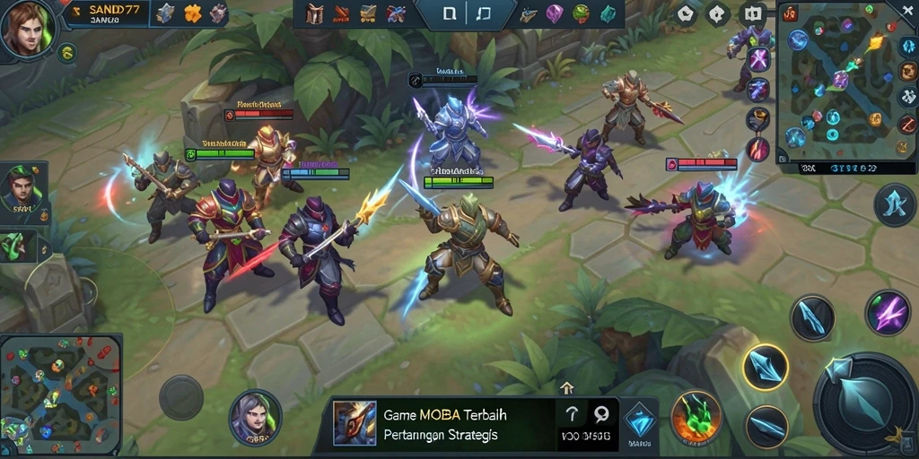 Screenshot gameplay SAND77 yang intens di arena MOBA.