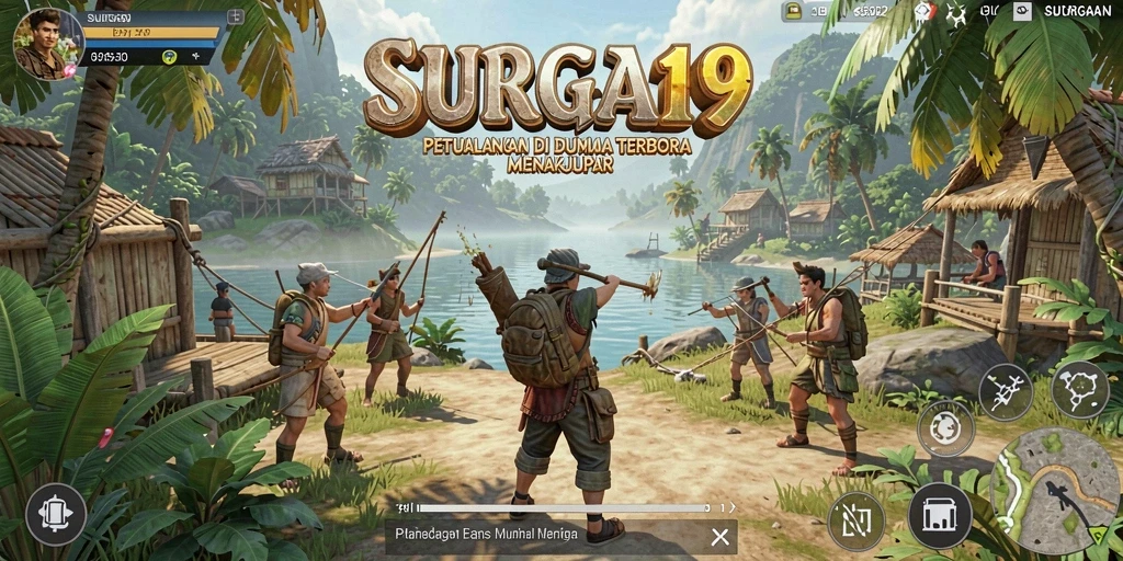 Screenshot utama SURGA19 menampilkan aksi eksplorasi dalam dunia terbuka.